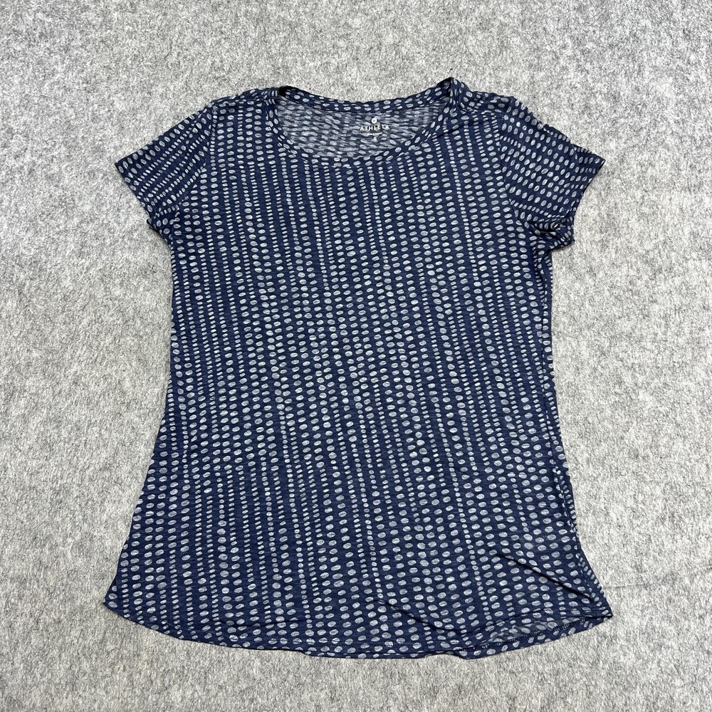 Athleta Shirt Womens Small Blue Short Sleeve RoNeck Polka Dot Sheer Casual Prep
